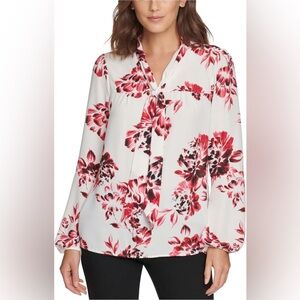 NWT DKNY Women’s Floral Long Sleeve Tie Neck Top M